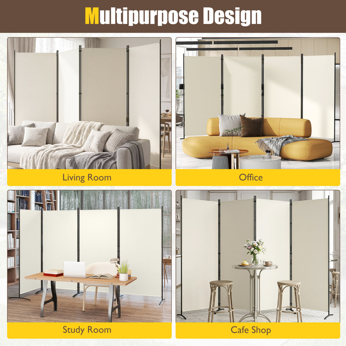 4 Panel Room Divider 6 FT Tall Folding Privacy Screen with Curved Metal Feet-White