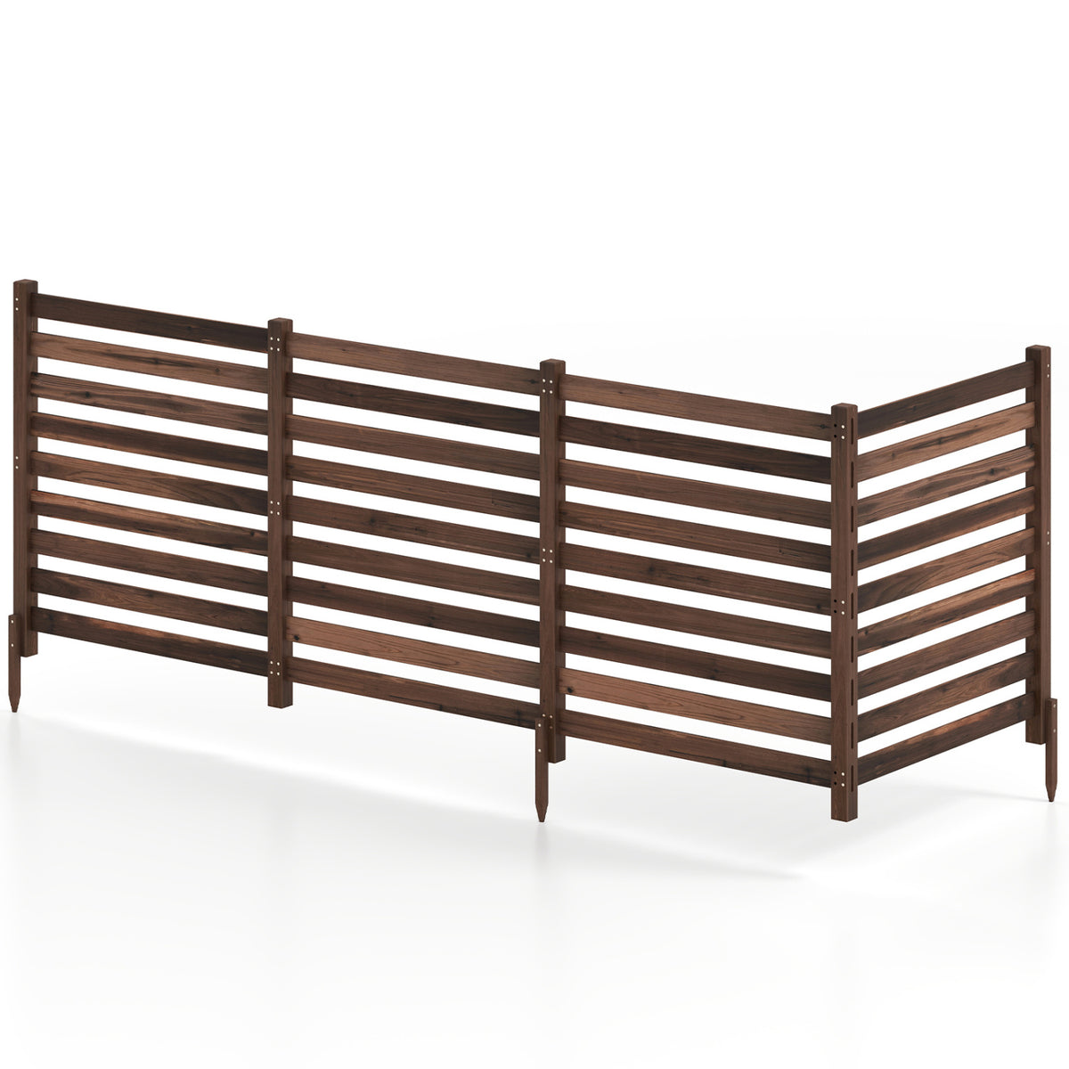 4-Panel Wooden Outdoor Privacy Fence with Ground Stakes-Brown