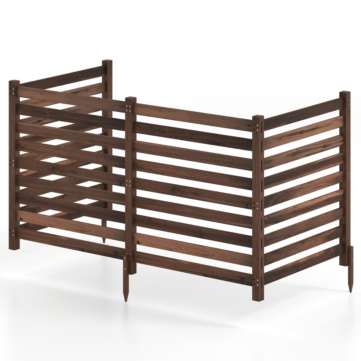 4-Panel Wooden Outdoor Privacy Fence with Ground Stakes-Brown