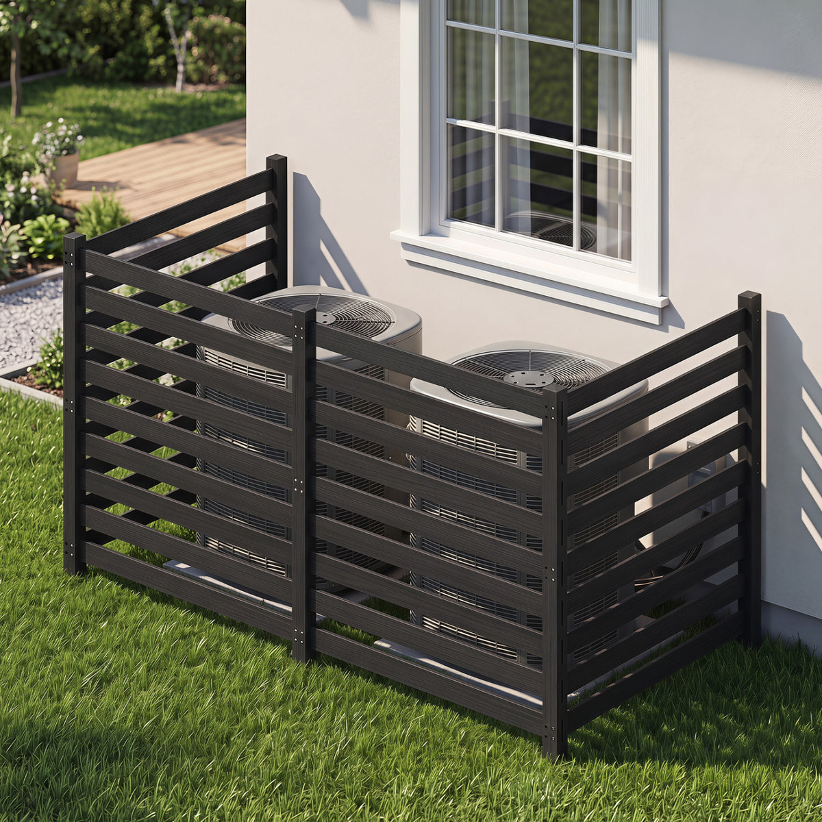 4-Panel Wooden Outdoor Privacy Fence with Ground Stakes-Black