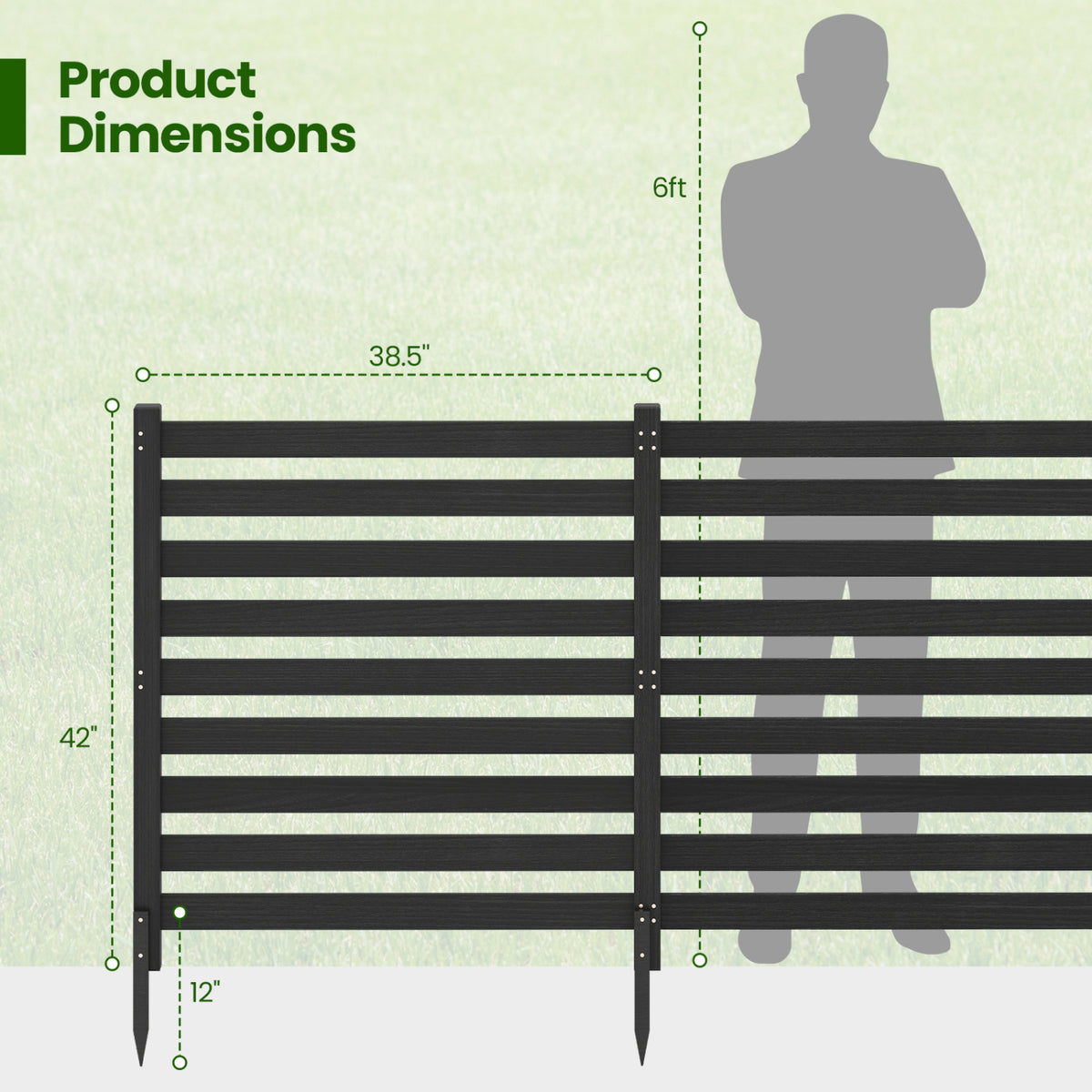 4-Panel Wooden Outdoor Privacy Fence with Ground Stakes-Black