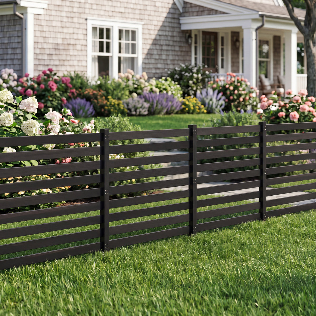 4-Panel Wooden Outdoor Privacy Fence with Ground Stakes-Black