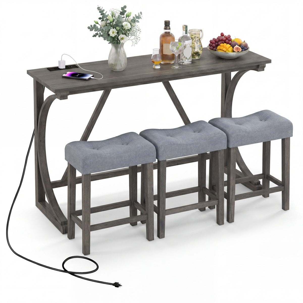 4-Piece Bar Table Set with Power Outlet and Upholstered Saddle Seat Stools-Black