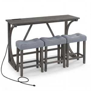 4-Piece Bar Table Set with Power Outlet and Upholstered Saddle Seat Stools-Black