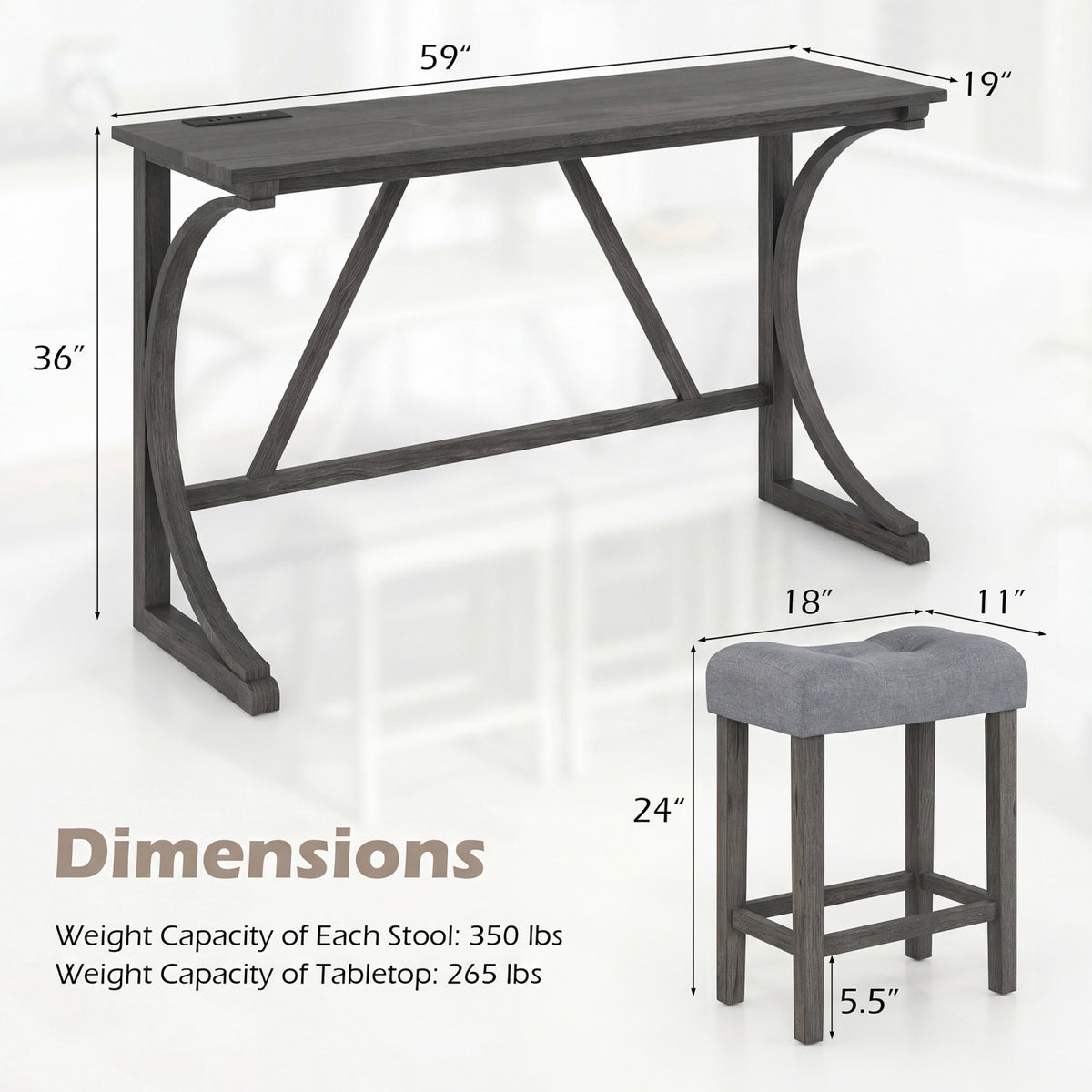 4-Piece Bar Table Set with Power Outlet and Upholstered Saddle Seat Stools-Black