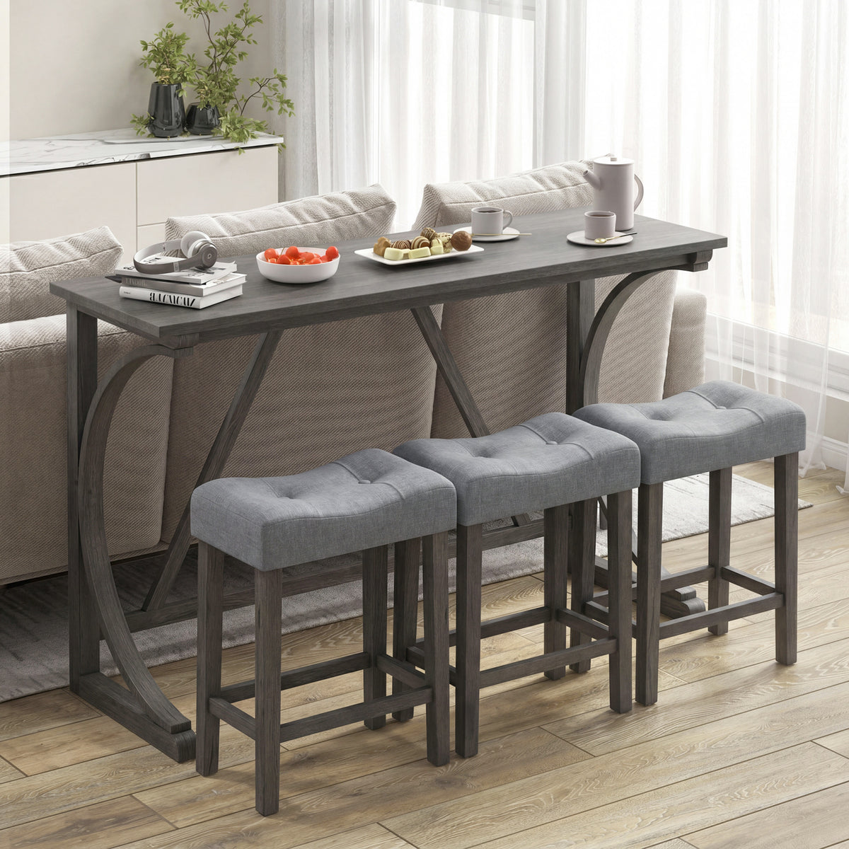 4-Piece Bar Table Set with Power Outlet and Upholstered Saddle Seat Stools-Black