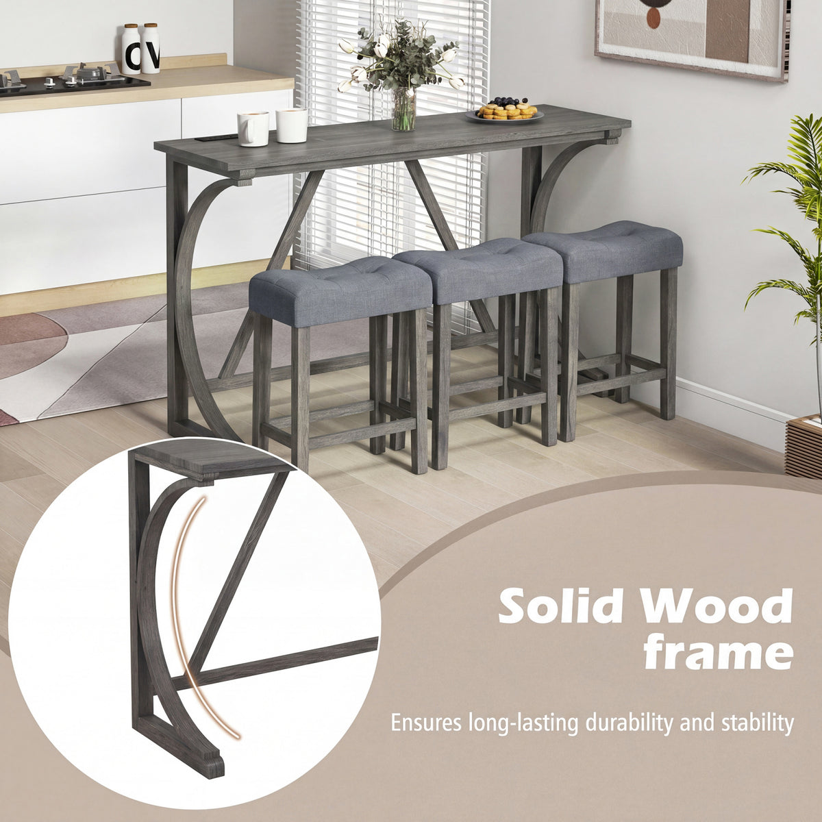 4-Piece Bar Table Set with Power Outlet and Upholstered Saddle Seat Stools-Black