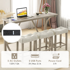 4-Piece Bar Table Set with Power Outlet and Upholstered Saddle Seat Stools-Grey and Beige