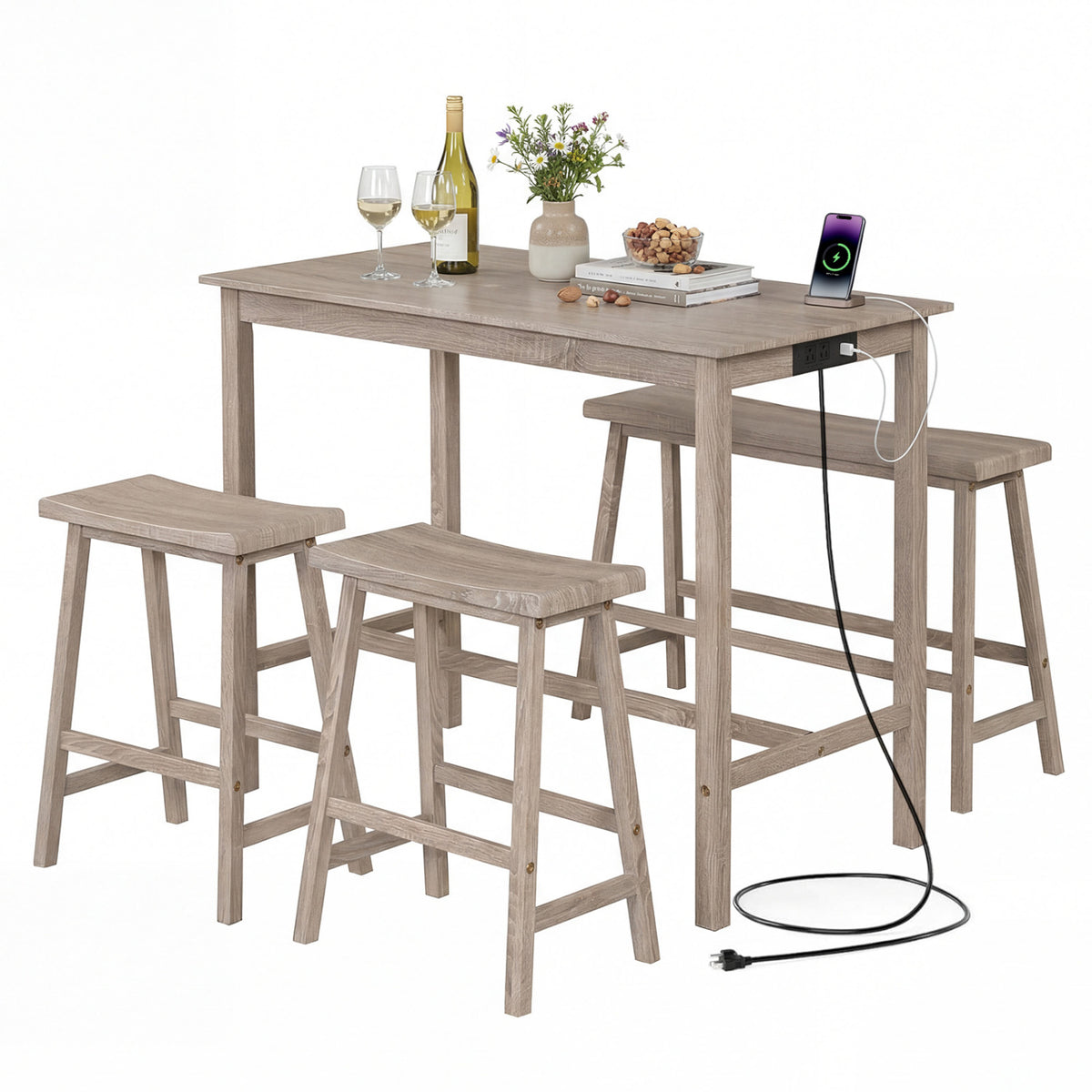 4-Piece Counter Height Dining Table Set with Power Outlet Solid Rubber Wood Kitchen Table-Light Gray