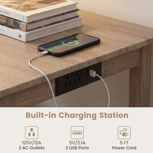4-Piece Counter Height Dining Table Set with Power Outlet Solid Rubber Wood Kitchen Table-Light Gray
