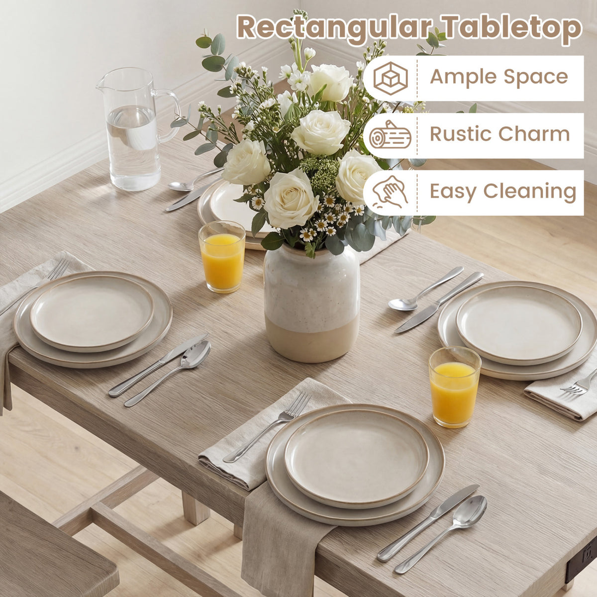 4-Piece Counter Height Dining Table Set with Power Outlet Solid Rubber Wood Kitchen Table-Light Gray