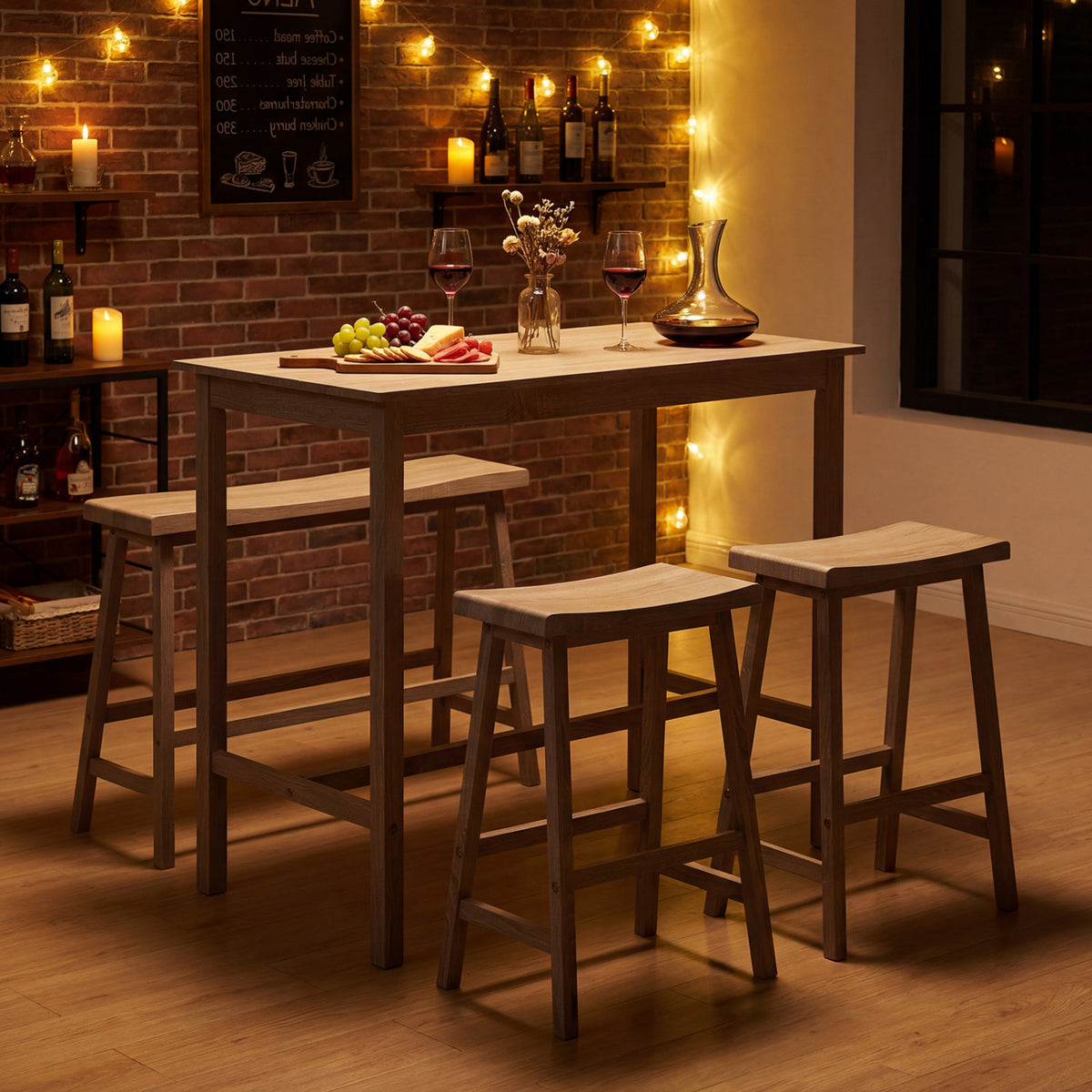 4-Piece Counter Height Dining Table Set with Power Outlet Solid Rubber Wood Kitchen Table-Light Gray
