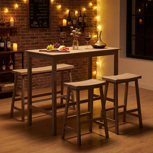 4-Piece Counter Height Dining Table Set with Power Outlet Solid Rubber Wood Kitchen Table-Light Gray