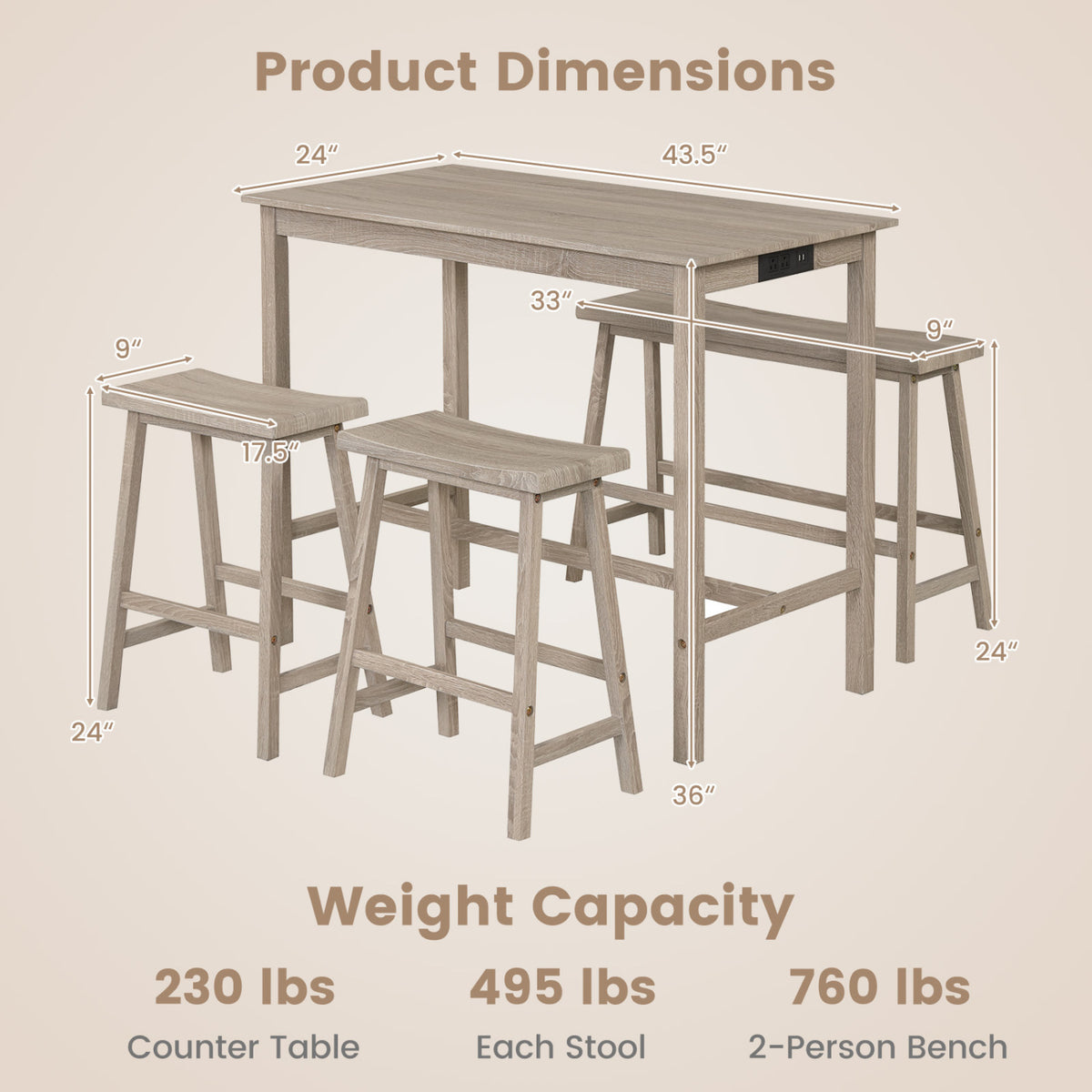 4-Piece Counter Height Dining Table Set with Power Outlet Solid Rubber Wood Kitchen Table-Light Gray