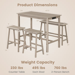 4-Piece Counter Height Dining Table Set with Power Outlet Solid Rubber Wood Kitchen Table-Light Gray