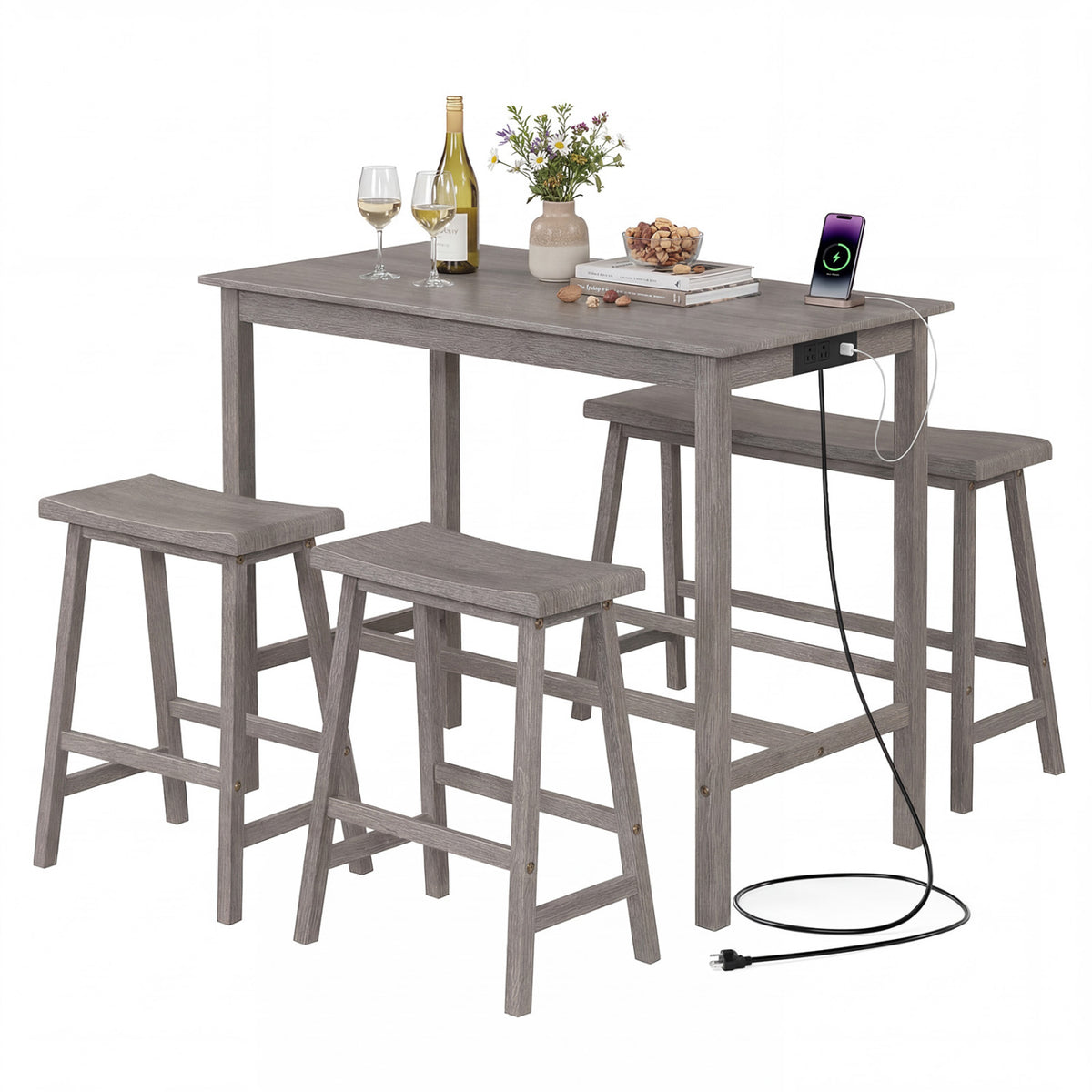 4-Piece Counter Height Dining Table Set with Power Outlet Solid Rubber Wood Kitchen Table-Gray