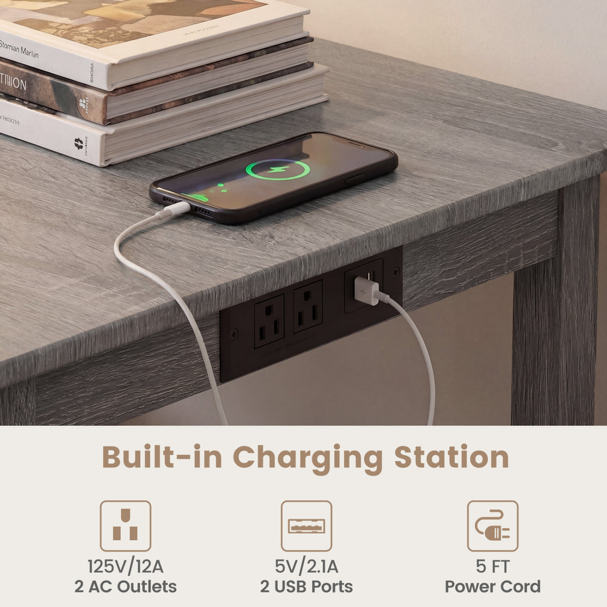 4-Piece Counter Height Dining Table Set with Power Outlet Solid Rubber Wood Kitchen Table-Gray