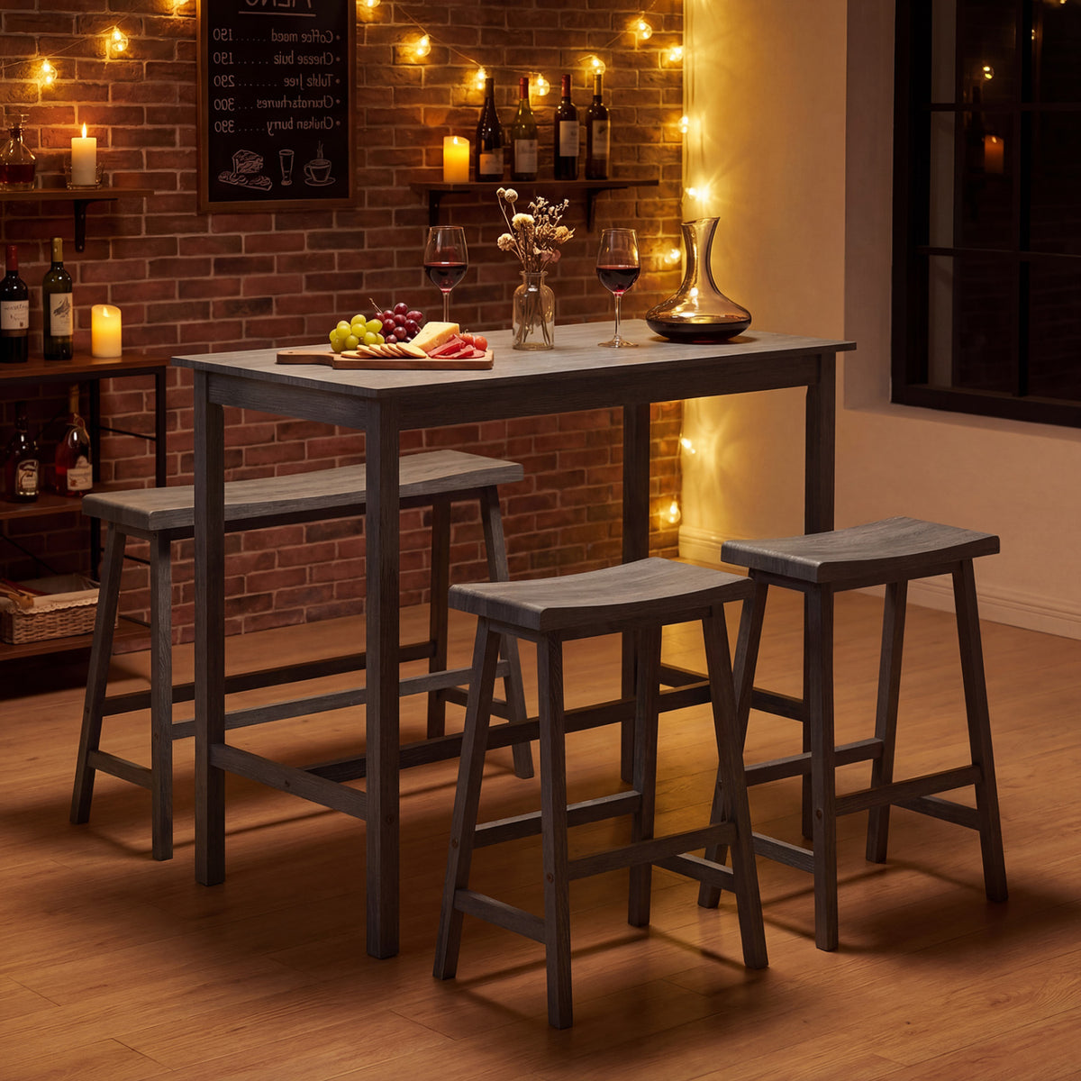 4-Piece Counter Height Dining Table Set with Power Outlet Solid Rubber Wood Kitchen Table-Gray