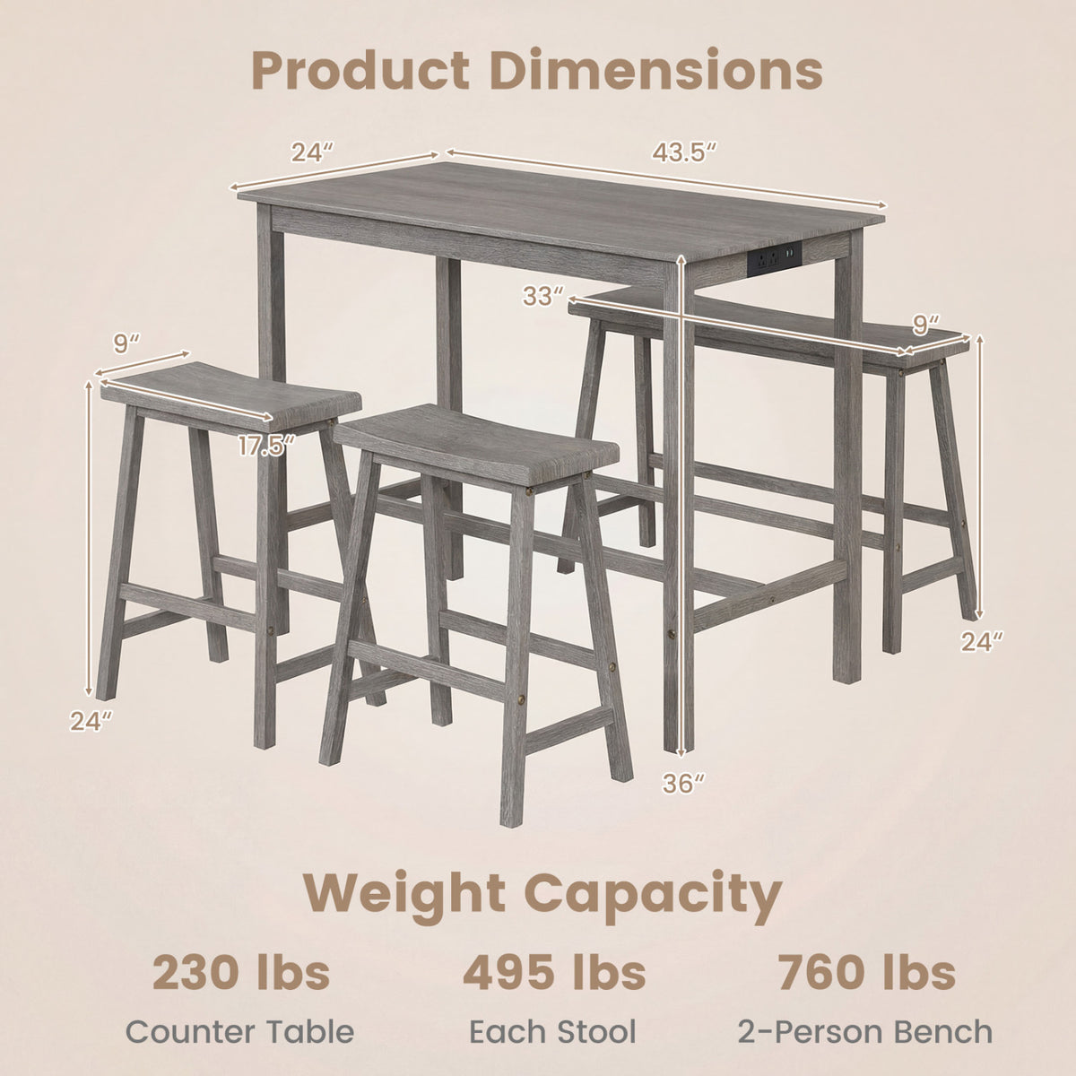 4-Piece Counter Height Dining Table Set with Power Outlet Solid Rubber Wood Kitchen Table-Gray