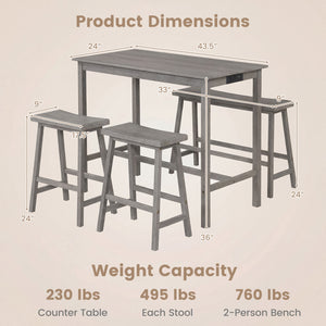 4-Piece Counter Height Dining Table Set with Power Outlet Solid Rubber Wood Kitchen Table-Gray