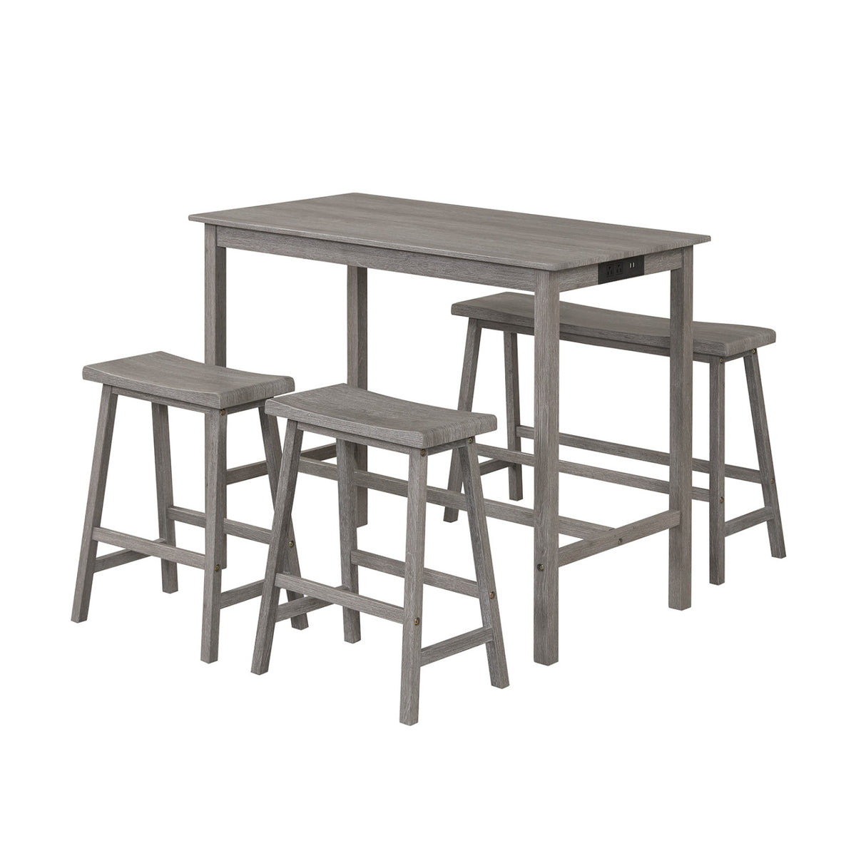 4-Piece Counter Height Dining Table Set with Power Outlet Solid Rubber Wood Kitchen Table-Gray