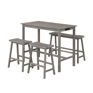 4-Piece Counter Height Dining Table Set with Power Outlet Solid Rubber Wood Kitchen Table-Gray