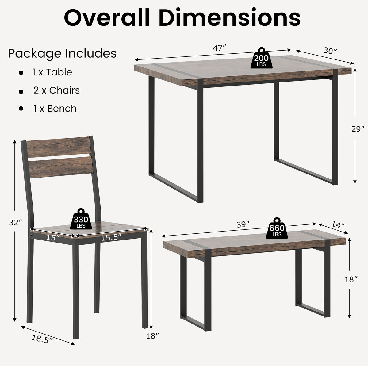 4-Piece Dining Table Set for 4 with 1 Bench and 2 Chairs-Gray