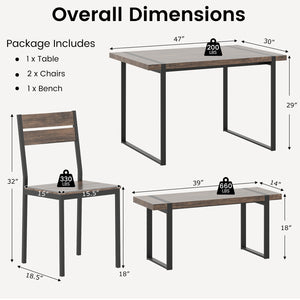 4-Piece Dining Table Set for 4 with 1 Bench and 2 Chairs-Gray