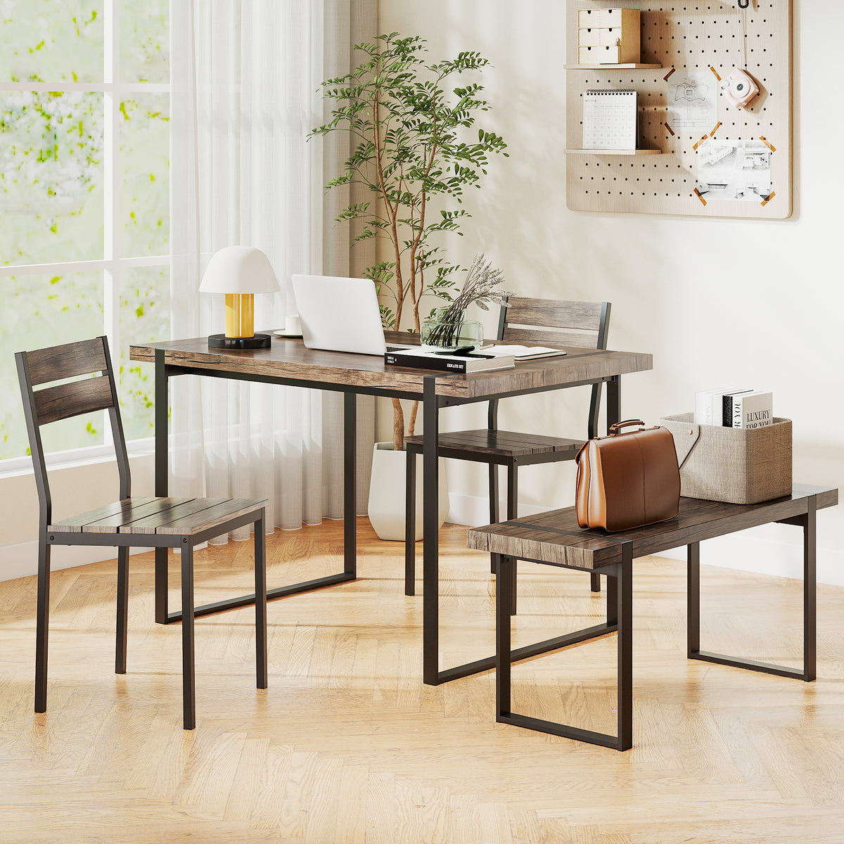 4-Piece Dining Table Set for 4 with 1 Bench and 2 Chairs-Gray
