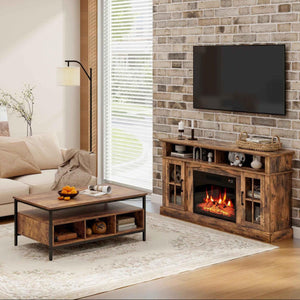 4-Piece Industrial Living Room Set: Fireplace TV Stand + 3-Tier Industrial Style Coffee Table + 71 Inch Freestanding Hall Tree + Adjustable C-shape Sofa Side Table