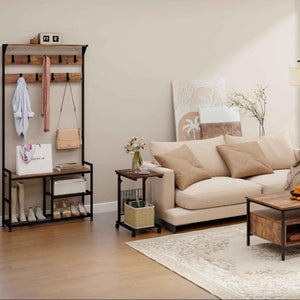 4-Piece Industrial Living Room Set: Fireplace TV Stand + 3-Tier Industrial Style Coffee Table + 71 Inch Freestanding Hall Tree + Adjustable C-shape Sofa Side Table