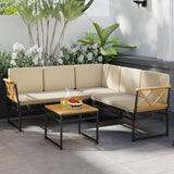 4 Pieces Patio L-Shaped Sofa Set with Cushions and Side Table-Brown