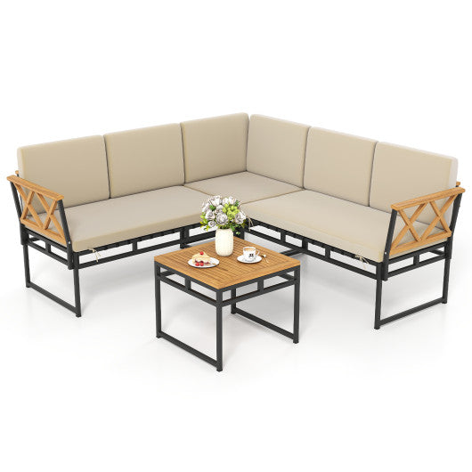 4 Pieces Patio L-Shaped Sofa Set with Cushions and Side Table-Brown