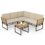 4 Pieces Patio L-Shaped Sofa Set with Cushions and Side Table-Brown