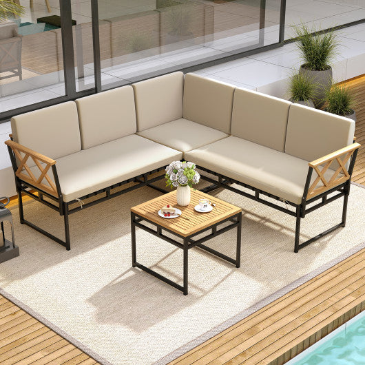 4 Pieces Patio L-Shaped Sofa Set with Cushions and Side Table-Brown