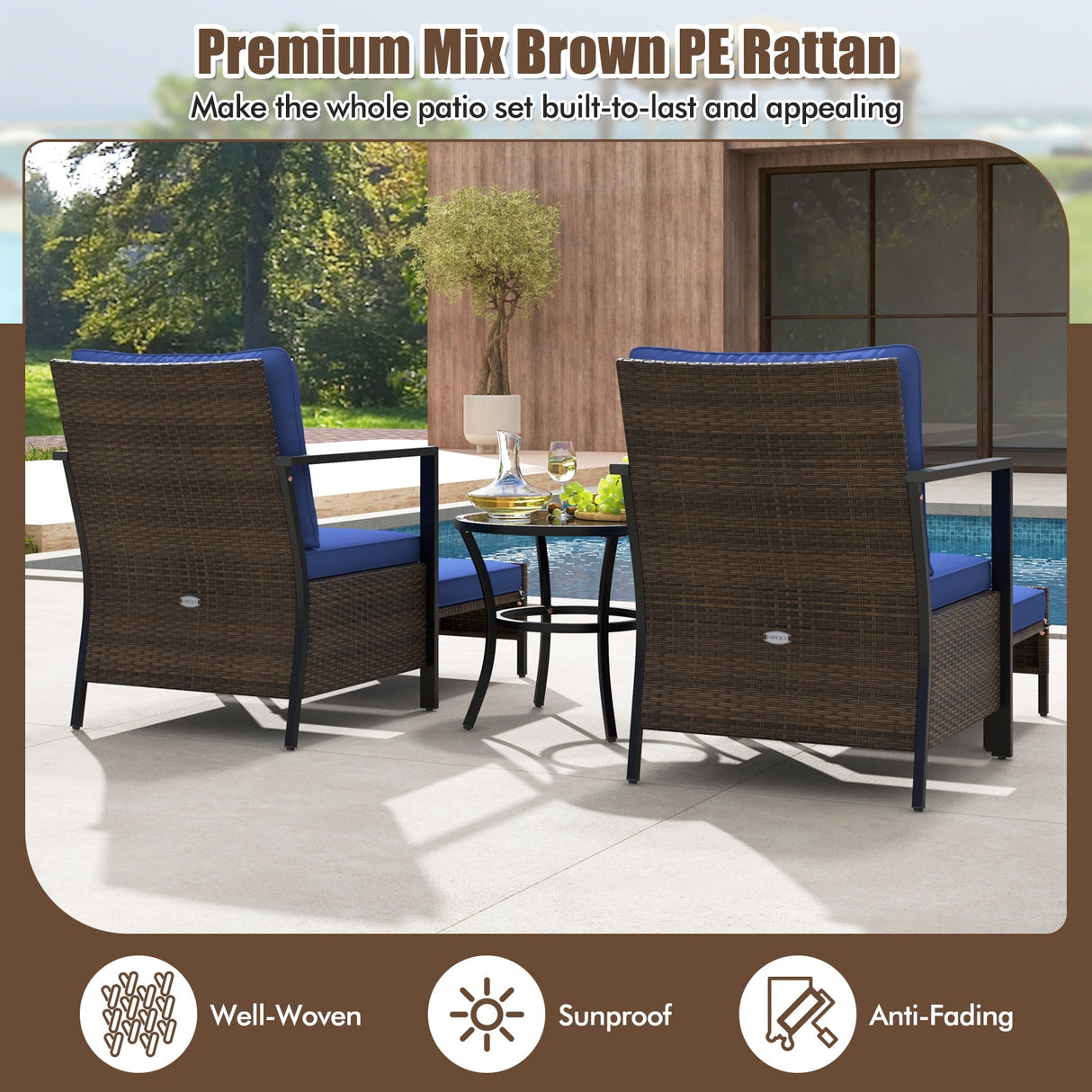 4 Piece Outdoor Furniture Set with Glass Topped Coffee Table-Navy