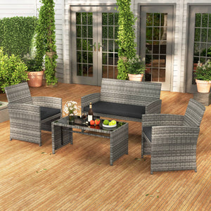 4 Piece Patio Conversation Set Rattan Chair Loveseat and Table Set-Black