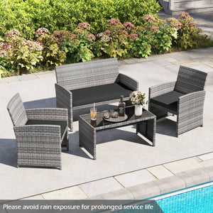 4 Piece Patio Conversation Set Rattan Chair Loveseat and Table Set-Black