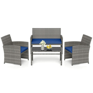 4 Piece Patio Conversation Set Rattan Chair Loveseat and Table Set-Navy