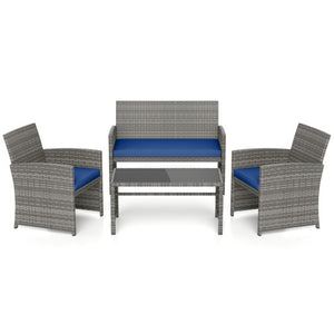 4 Piece Patio Conversation Set Rattan Chair Loveseat and Table Set-Navy