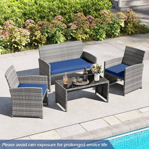 4 Piece Patio Conversation Set Rattan Chair Loveseat and Table Set-Navy