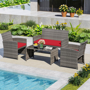 4 Piece Patio Conversation Set Rattan Chair Loveseat and Table Set-Red