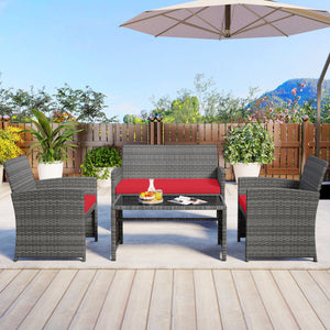 4 Piece Patio Conversation Set Rattan Chair Loveseat and Table Set-Red