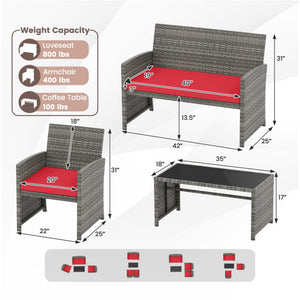 4 Piece Patio Conversation Set Rattan Chair Loveseat and Table Set-Red