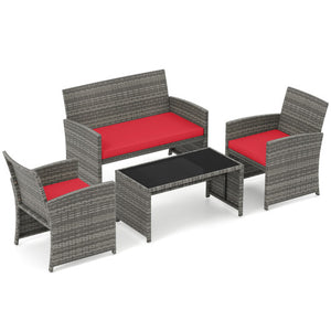 4 Piece Patio Conversation Set Rattan Chair Loveseat and Table Set-Red