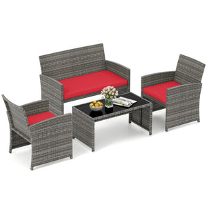 4 Piece Patio Conversation Set Rattan Chair Loveseat and Table Set-Red
