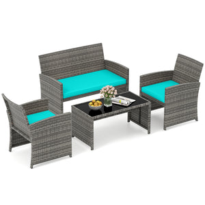 4 Piece Patio Conversation Set Rattan Chair Loveseat and Table Set-Turquoise