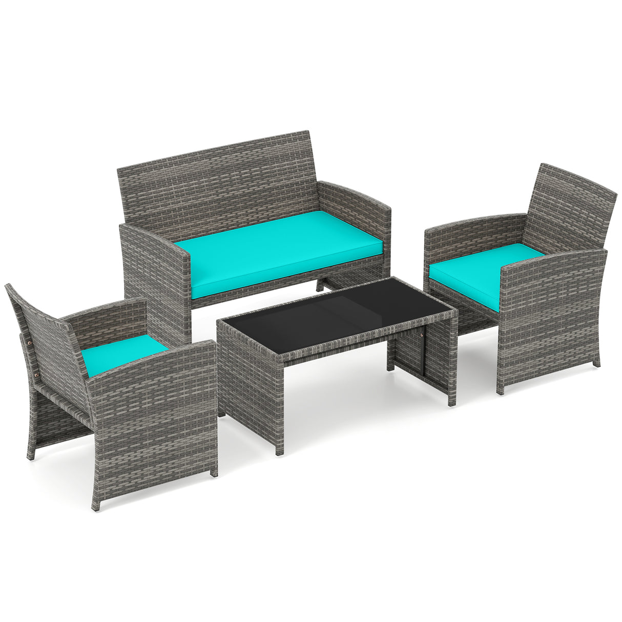 4 Piece Patio Conversation Set Rattan Chair Loveseat and Table Set-Turquoise