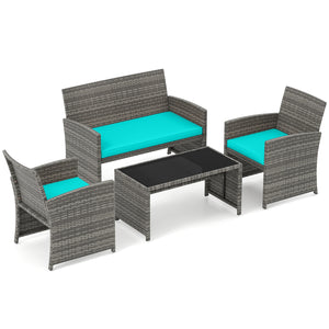 4 Piece Patio Conversation Set Rattan Chair Loveseat and Table Set-Turquoise