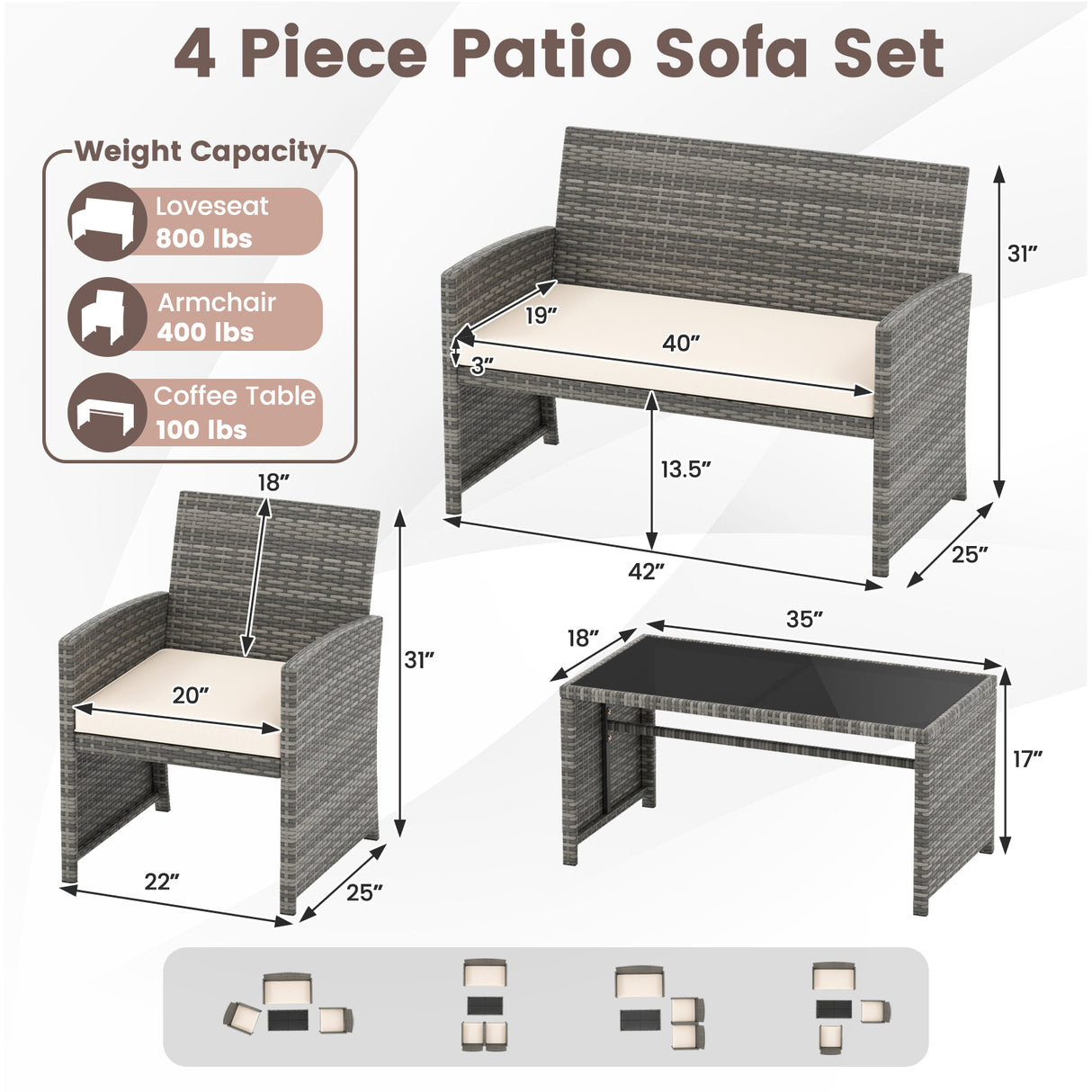 4 Piece Patio Conversation Set Rattan Chair Loveseat and Table Set-Off White
